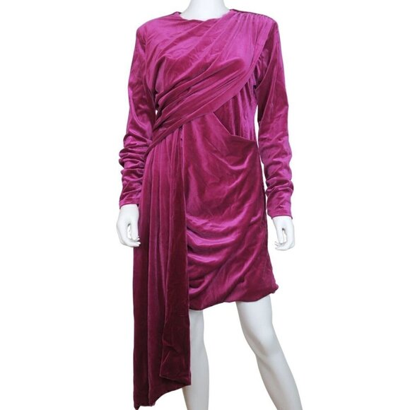 JESSAKAE Noor Dress Velvet Magenta Stretch Front Panel Drape Sash Women's XL NWT - Picture 2 of 5